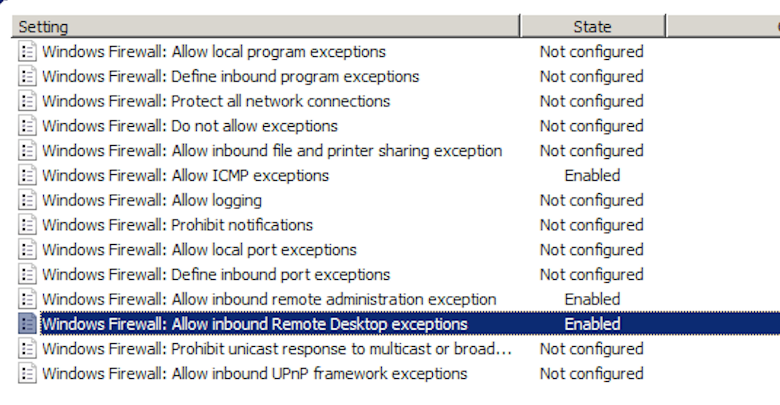Allow inbound Remote Desktop exceptions